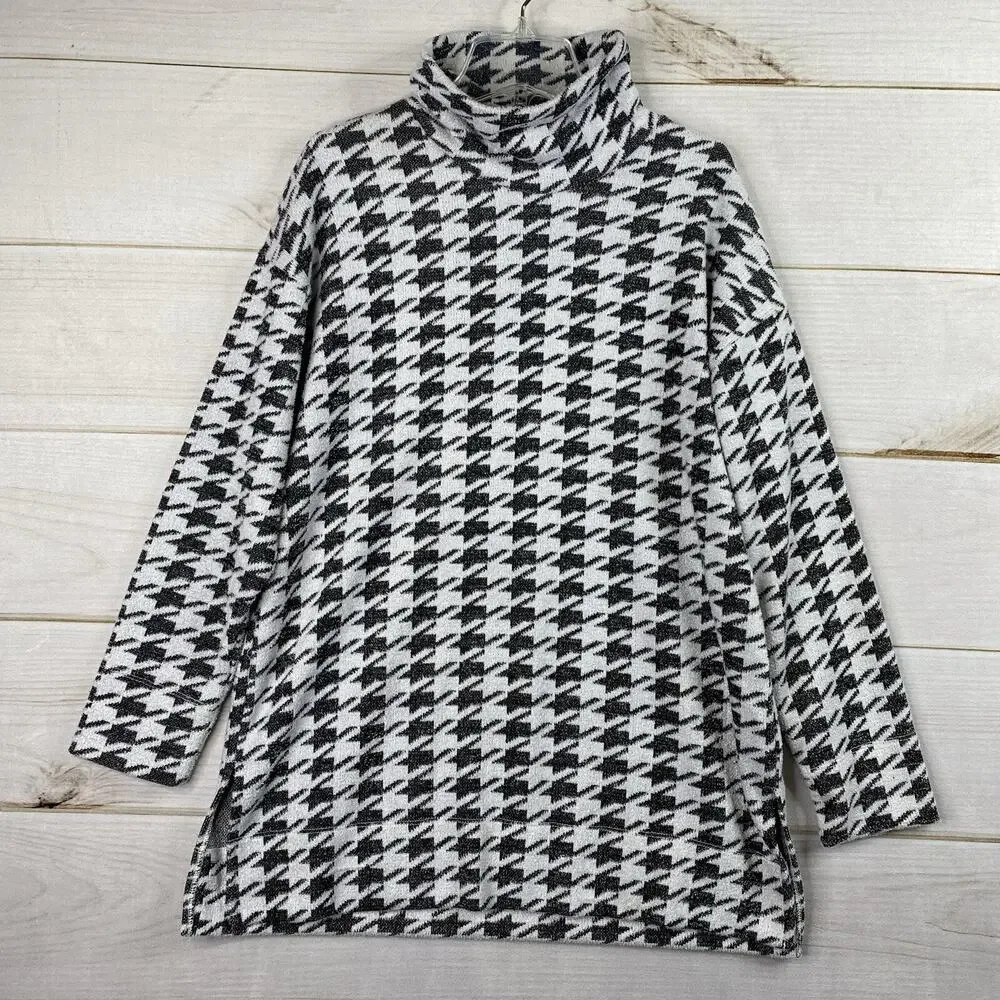 Chico's Sweater Sz 0 Women S 4/6 Black White Houndstooth Mock Neck Heavy Stretch